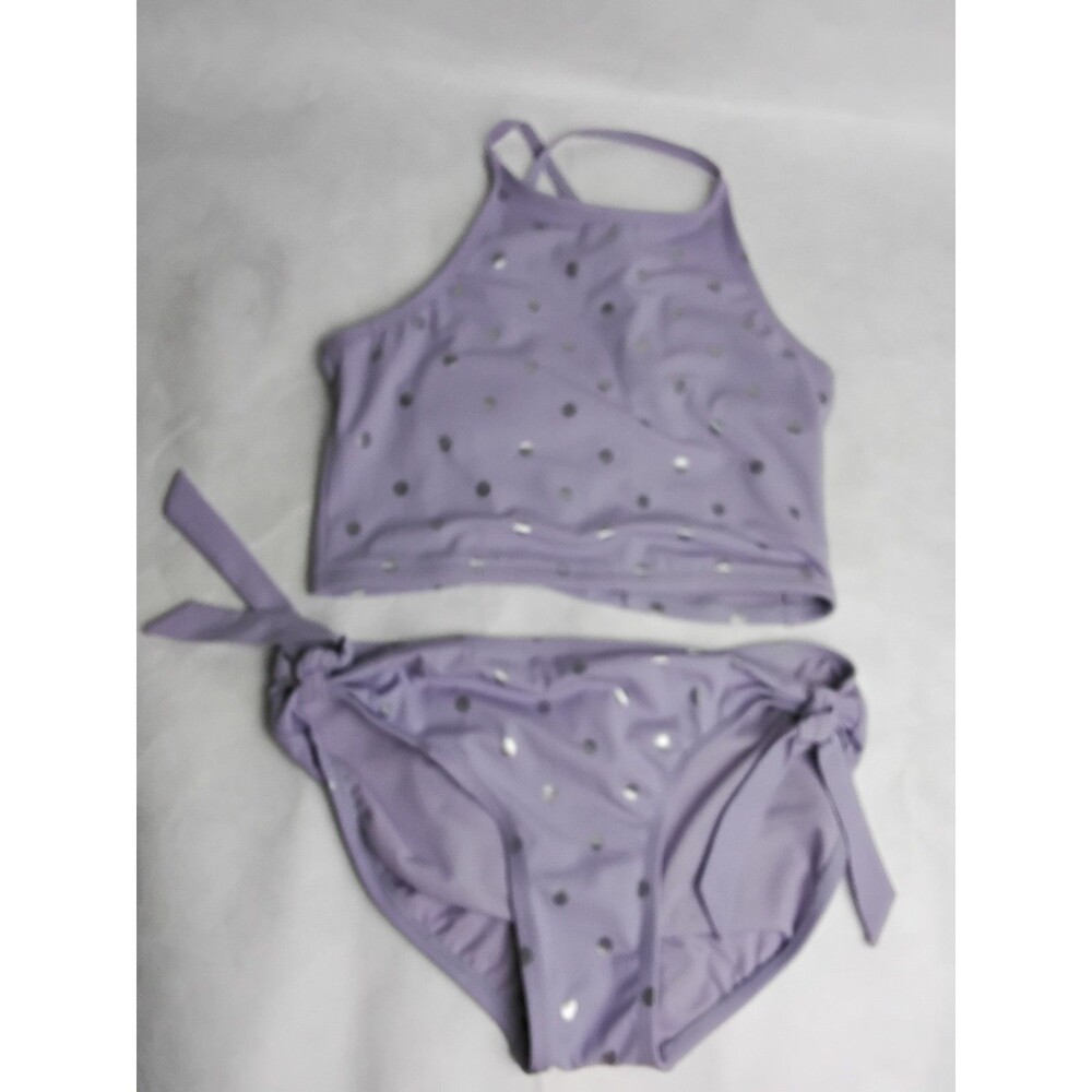 Justice Girls 2 Pc Bikini Swimsuit  Soft Lavender Shiny Silver Polka Dots Sz 14